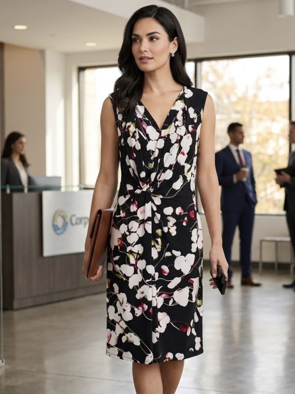 NWT EllenTracy Twisted Front  Black Floral Drape Neck Sleeveless jersey dress